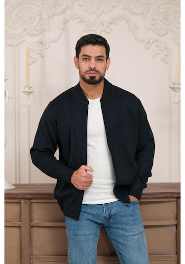 Woolen World Pilot Yaka Fermuar Kapamalı Klasik Kesim Astarlı Çelik Örgü Hırka Lacivert