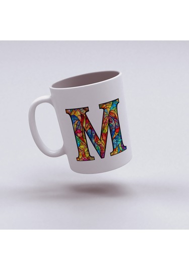 M Harfi Bardak 330 Ml İsme/harfe Özel Hediye, Renkli Harf Tasarım Beyaz