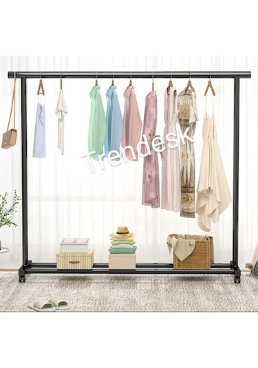 Metal Siyah Konfeksiyon Askısı Ayaklı Askılık Elbise Askılığı Tekerlekli 150 140cm Siyah