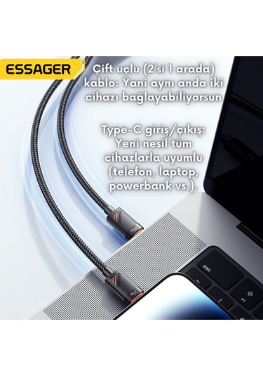 Essager 1.2 Metre 100w 2in1 Type C To 2x Type C Şarj Ve Data Kablosu, Çift Cihaz Desteği, Dayanıklı Örgülü Tasarım,