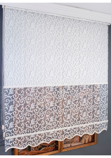 Desenli Çift Mekanizmalı Tül Stor Perde Beyaz