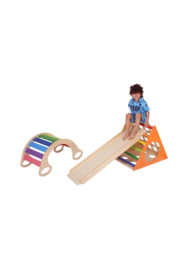Woodnjoy Ahşap Üçgen Pikler Ve Dönence Setimiz 3'lü Set Renkli