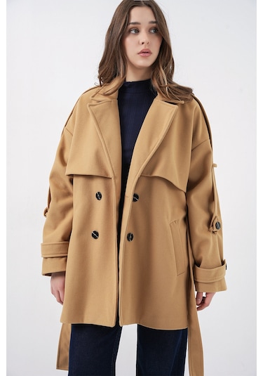 Bigdart Kadın Kuşaklı Oversize Kaşe Kaban 9157 - Hardal