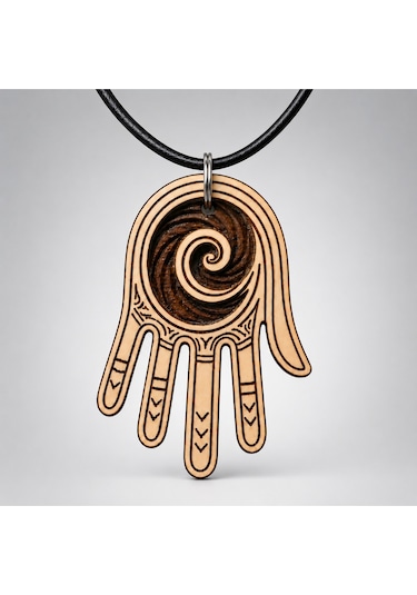 Spiral Hamsa Eli Ahşap Kolye 44x30 Mm - Siyah İpli Bohem Unisex 01 - Ekru