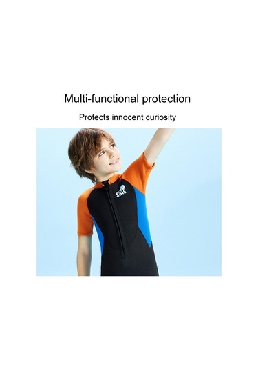 Dıve & Saıl 2.5mm Kısa Kollu Tek Parça Sıcak Çocuk Wetsuit Şnorkel Soğuğa Dayanıklı Mayo Siyah - Turuncu