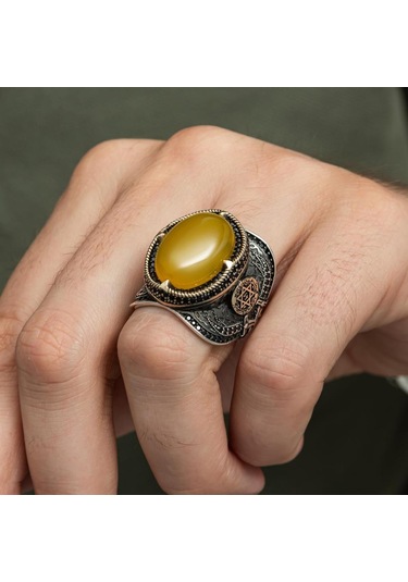 Sarı Akik Taşlı Süleyman Mührü 925 Gümüş Erkek Yüzük Beyaz