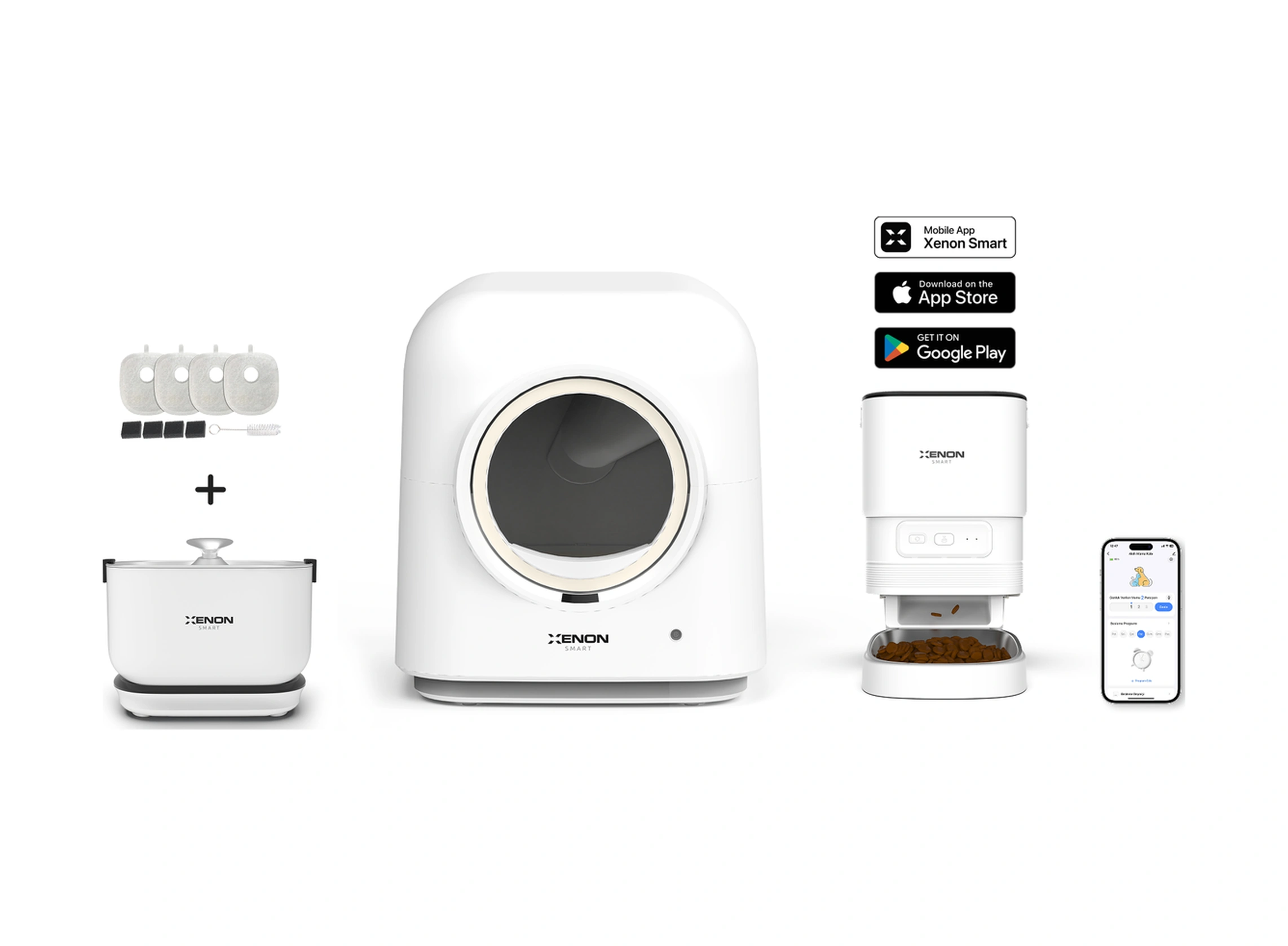 Xenon Smart Akıllı Otomatik Kedi Tuvaleti 4lt Çelik Hazneli Mama Kabı Bataryalı Su Pınarı Ve Yedek Filtre Pet Seti