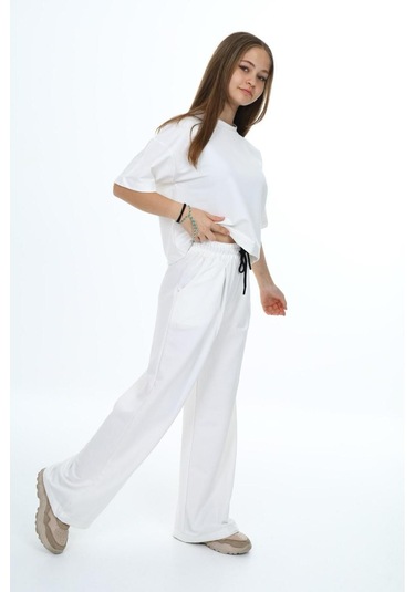 Kız Çocuk %100 Pamuk Oversize Yarım Kol Alt-üst Eşofman Takım-eşt-0012 Beyaz
