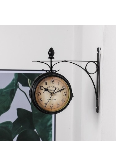 Trendooze Taraflı Siyah Siyah Saati Retro Metal Mekan Duvar Dış Dekorasyon Çift Bar Bahçe Akülü - İm Siyah