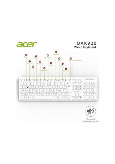 Acer Oak920 Q Usb Beyaz 1.8mt Kablolu Klavye-tek Tuş Hesap Makinalı Sessiz Tuş