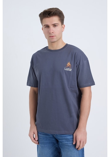 Velvoria Unisex Oversize I Love Camp Baskılı Antrasit Renk T-shirt