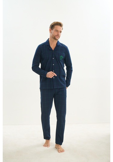Erkek Uzun Kol Gömlek Yaka Önden Düğmeli Lacivert Pijama Takım C2t1n5o9 001