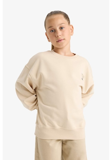 Defacto Kız Çocuk Oversize Geniş Kalıp Bisiklet Yaka Baskılı Sweatshirt E6755a825auer230 Ekru