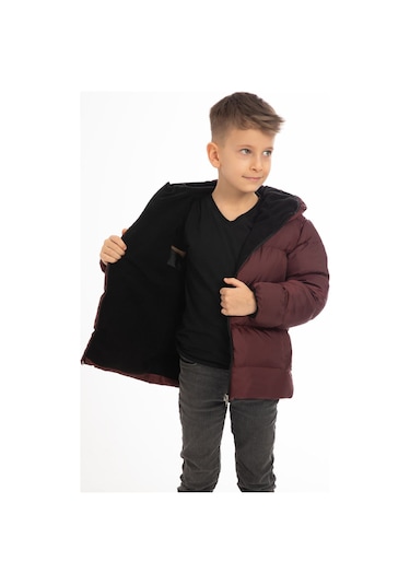 Erkek Çocuk Bordo İçi Polarlı Kürklü Kapüşonlu Su Geçirmez Rüzgara Dayanıklı Şişme Kışlık Mont Bordo