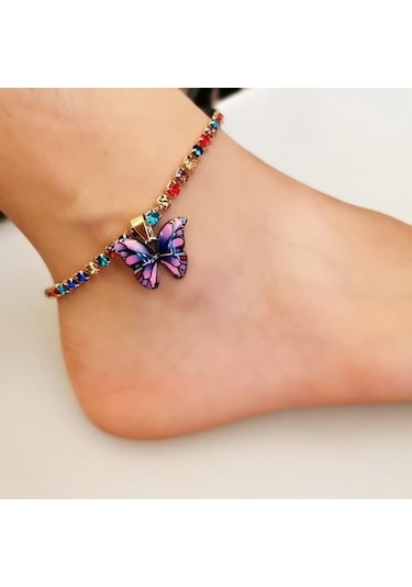 Novahub Çok Renkli & Mor Kelebek Zincir Plaj Halhal Bilezik Charm Kadın Ayak Bileği Çizmeler Takı Çok Renkli Çok Renkli