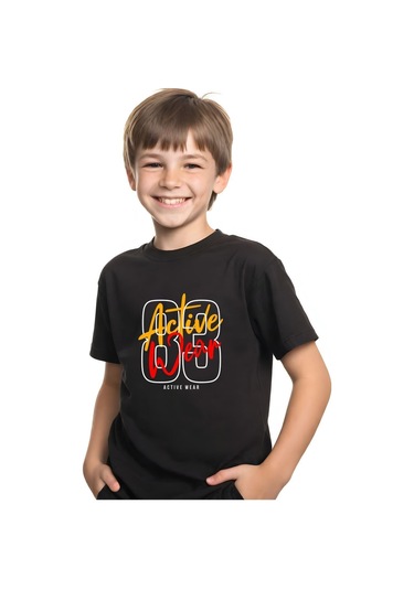 Panios Kids Unisexs Çocuk Baskılı Kısa Kollu T-shirt Siyah