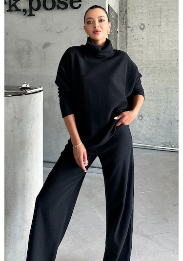 Modagen Kadın Selanik Kumaş Balıkçı Yaka Alt Üst Takım Siyah