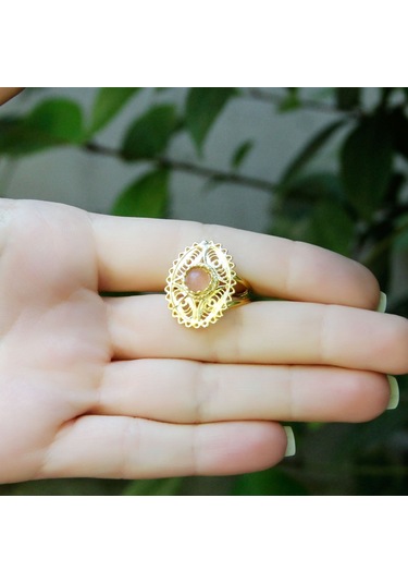 Doğal Taş Pembe Kuvars Doğal Taşlı Telkari Modelli Kadın Ayarlanabilir Altın Kaplama Yüzük Euy65pkg Kırmızı