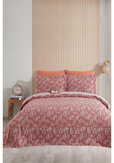 Elart Mokka Keten Görünümlü Yatak Örtüsü Pike Seti 3 Parça Çift Kişilik Tarçın