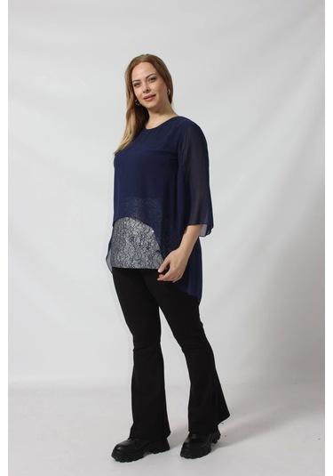 4048 Şifon -simli Dantel Kombinli Büyük Beden Bluz Lacivert Lacivert