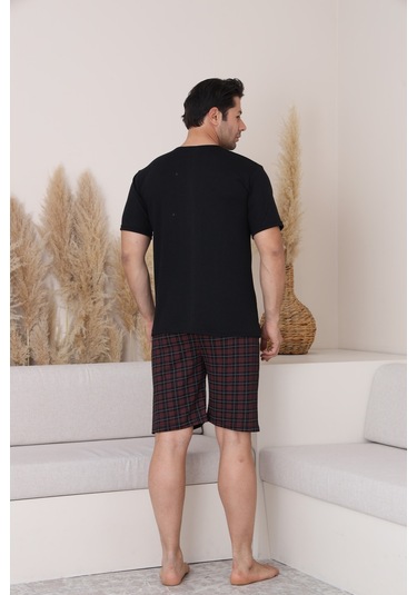 Sleeproom Erkek Rahat Pamuklu Yazlik Penye Siyah Alt Ekoseli Kaprili Pijama Takim Yeni Ürün Siyah