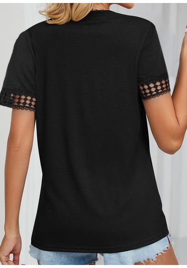 Kadın V Yaka Dantelli Kısa Kollu Viskon Bluz