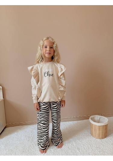 Kız Çocuk Stay Chic Fırfırlı Sweatshirt Ve Zebra Desenli Pantolon Takım 5004 Vizon