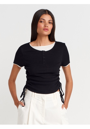 Dilvin 31816 Çift Katlı Büzgülü T-shirt-siyah SIYAH