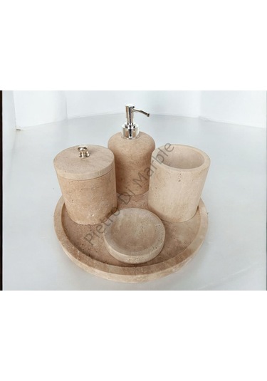 Sarı Traverten Klasik Model 5 Parça Gümüş Renk Düğme Aksesuarlı Banyo Seti Sarı Traverten