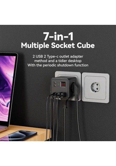 Motion003 1 Adet 7li Coklu Priz Kupu Guc Seridi 3 Ac 2 Usb 2 Tipc 10a Beyaz Siyah