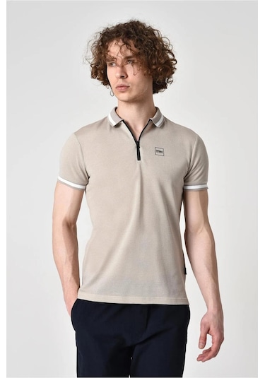 Alexander Gardi Alexandergardı Fermuar Detaylı Polo Yaka T-shirt Barakm Bej - Beyaz