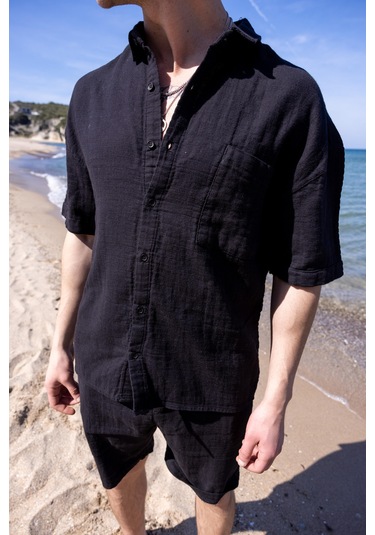 Keten Kumaş Siyah Renk Cep Detaylı Gömlek Şort Erkek Takım-1732 Siyah