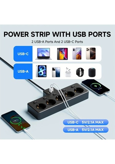 Xuweiwei Beyaz 9lu Tasinabilir Guc Cubugu 5 Ac Cikisi 2 Usb A Ve 2 Usb C Girisi Siyah Ev Ofis Seyahat