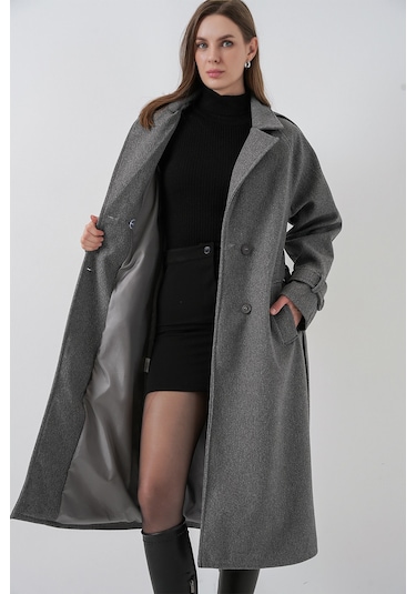 Kadın Kuşaklı Kaşe Kaban 9161 - Gri Gri