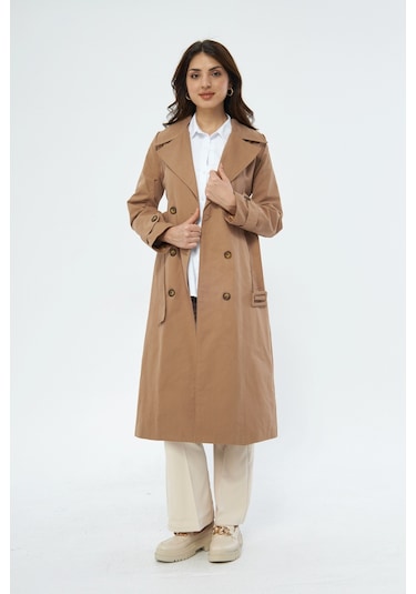 %100 Pamuk Ekstra Uzun 120cm Kruvaze Kadın Trençkot 1121 Koyu Bej