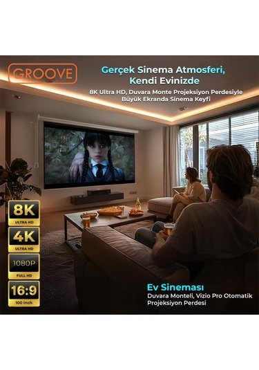 Groove Vizio Pro 100 Inch Blackout Işık Geçirmez Elektrikli Otomatik Kumandalı Projeksiyon Perdesi 220x125cm +motorlu+canlı Renkler+göz Koruması+leke Tutmaz Projector
