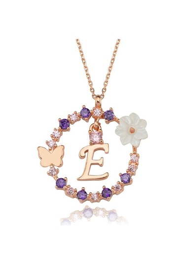 Mia vento Manolya Çiçeği Düşler Işıltısı E Harfi Rose Renk Gümüş Harfli Kolye