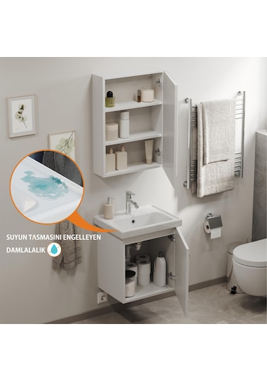 Aqua Bagno Basic Alt Dolap + Üst Dolap -lavabo Dahil-beyaz ,50 Cm. 3 Parça Beyaz