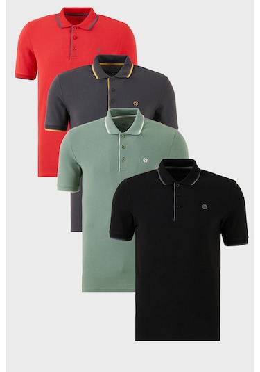Buratti Pamuklu Slim Fit Şerit Detaylı Düğmeli Polo Yaka 4'Lü Paket Erkek T Shirt 5902118S4 Siyah-Kırmızı-Antrasit-Elma Yeşili-Beyaz