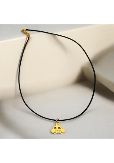 Ayşe İsmine Özel Araba Figürlü 14 Ayar Altın Plakalı Siyah Bağlıklı Hediyelik Kolye-630isim Ayşe