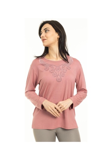 Kadın Orta Yaş Ve Üzeri Yeni Model Yuvarlak Yaka Likralı Anne Penye Bluz 30550-pudra
