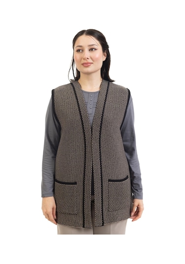 Kadın Orta Yaş ve Üzeri Triko Örgü Minik Baklava Desen Düğmesiz Anne Yelek 332 - L Siyah