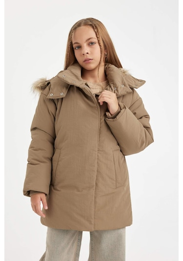 DeFacto Kız Çocuk Çıkarılabilir Suni Kürk Yaka Kapüşonlu Parka C8515A824AUBG80 Bej