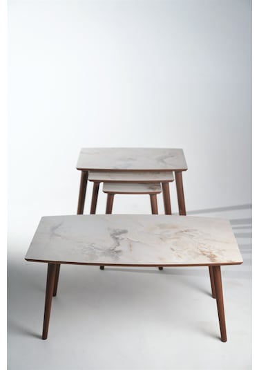 İstanbul Orta Sehpa Ve 3'lü Zigon Sehpa Seti Buz Gri Mermer Desen