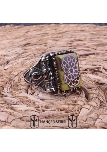 İpek Silver 925 Ayar Gümüş Sıkma Kehribar Taşlı Osmanlı Desenli Erkek Yüzük Apy144