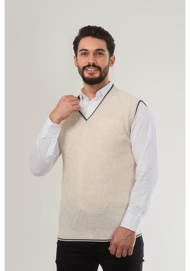 Kamalı Erkek V Yaka Triko Örgü Tüylenmez Süveter Regular Fit Saç Örgü Linyis Desenli Taş