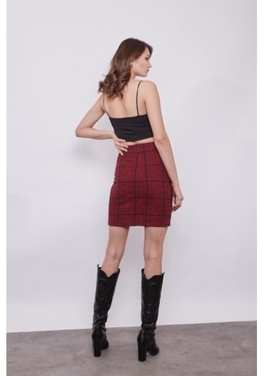 Kışlık Yünlü Kumaş Yüksek Bel Diz Üstü Kalem Etek-Bordo Ekose Bordo