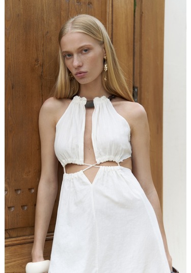 Bunina Bağcıklı Boncuk Detay Ekru Uzun Elbise Ekru