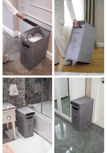 Flosoft Deri Detaylı Kapaklı Keçe Çamaşır Sepeti, Çok Amaçlı Çamaşır Oyuncak Saklama Kutusu Gri