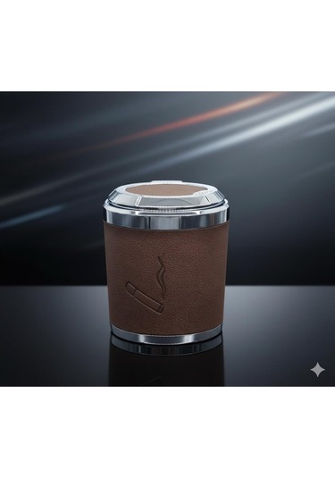 Space Işıklı Küllük Deri Kaplamalı-basmalı Kahve Premium Işıklı Küllük